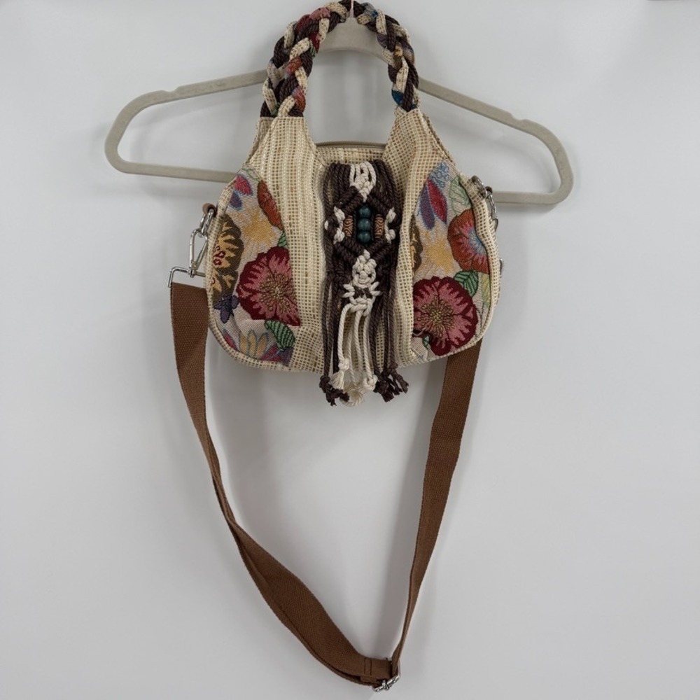 Boho Satchel Bag‎ Womens Small Beige Floral Braided Handles Tassel Crossbody